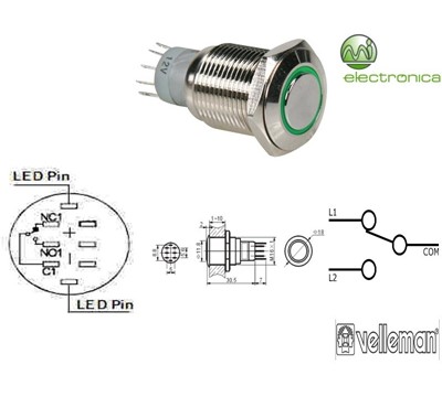 INTERRUPTOR PRESSÃO REDONDO VERDE SPDT 1NO 1NC VELLEMAN