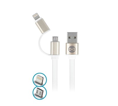 CABO MICRO USB 2EM1  C/ CONETOR METAL IPHONE 8-PIN BRANCO