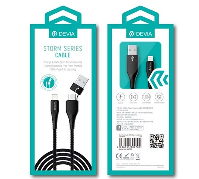 CABO 2EM1 USB A/TIPO-C 8PIN 2,4A 1m DEVIA STORM